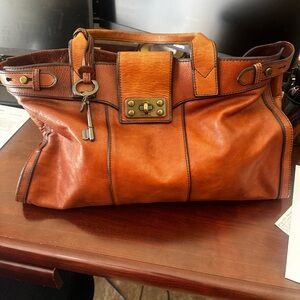 Fossil Brown Leather Tote with Key Accent